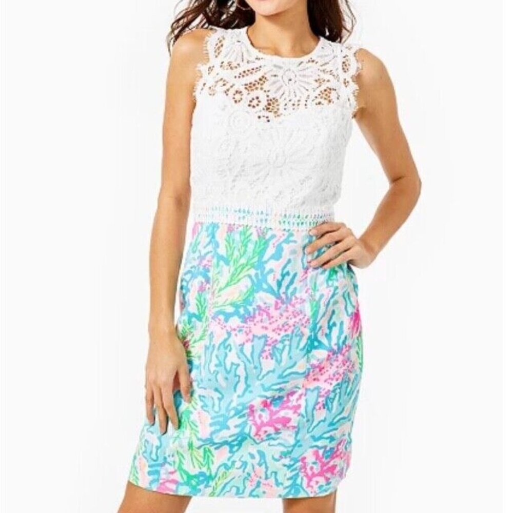 Lilly Pulitzer White Lace Sharice Stretch Shift Dress Coral Print NWT